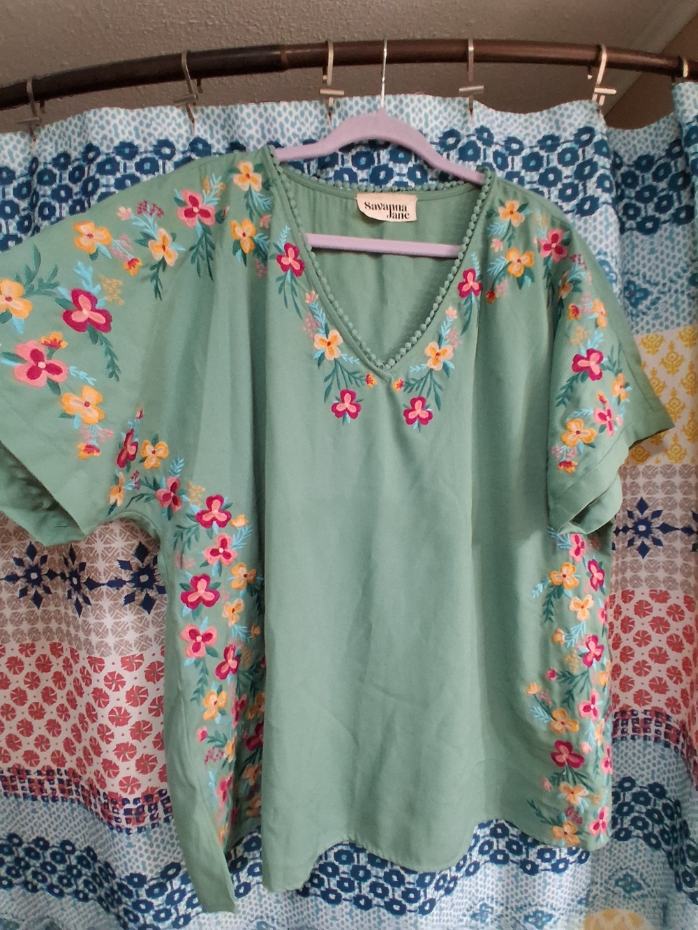 Savanna Jane Mint Green Embroidered Floral V-Neck Tunic